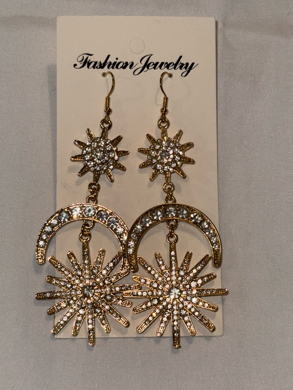 Fashion Jewelry Gold-Tone Crystal Starburst & Crescent Dangle Earrings